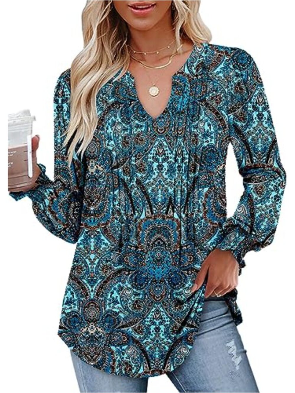 Puff Long Sleeve Pleated V Neck Tunic Top Flowy Blouse
